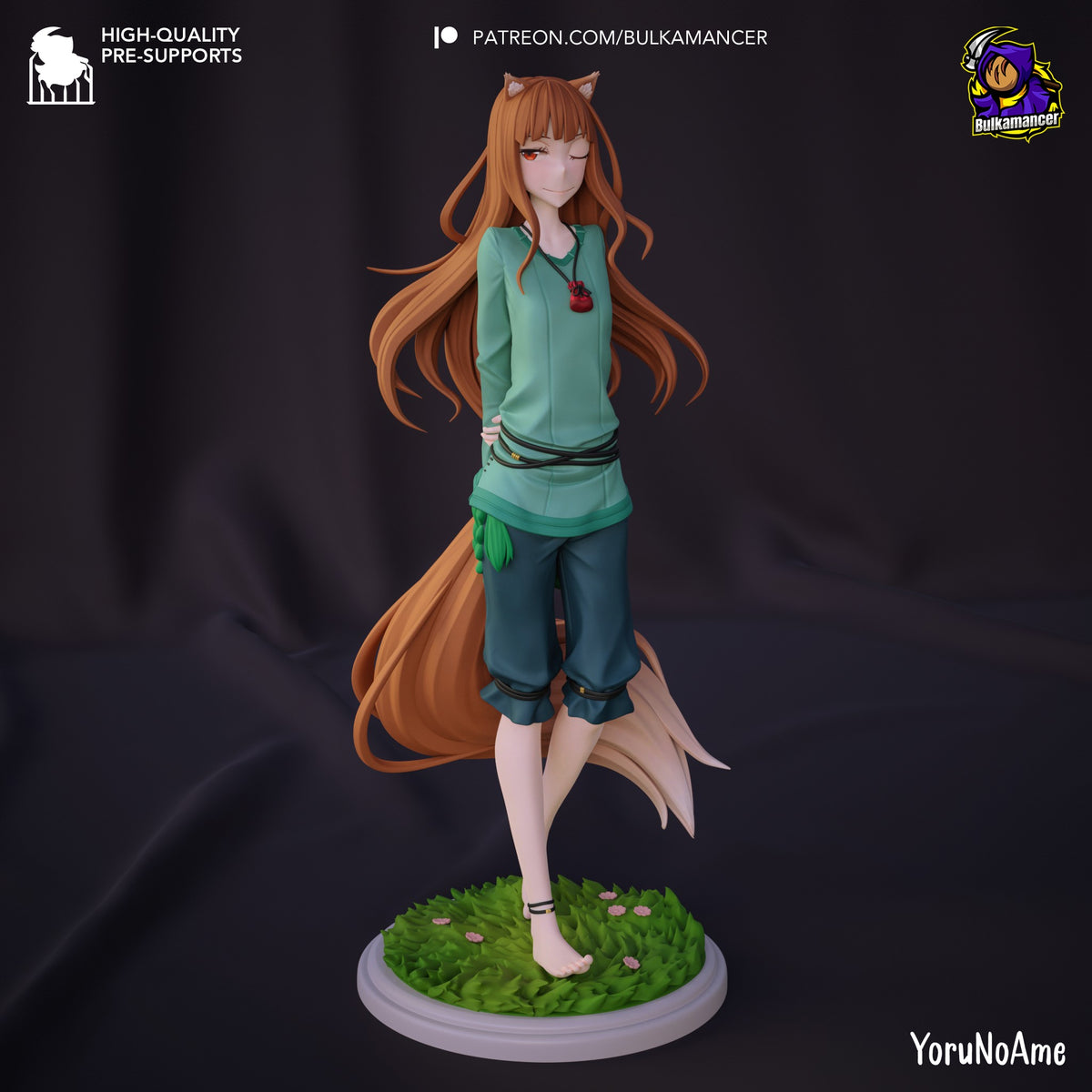 Painted Holo resin figure from Spice and Wolf stands front-facing on a flowered grass base.
