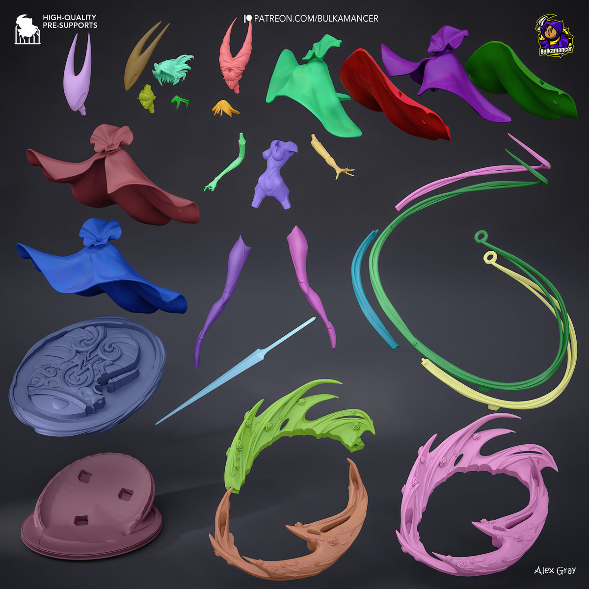 Hornyt from Hollow Knight resin figure parts shown unpainted, including cloaks, limbs, weapons, tails, and bases.