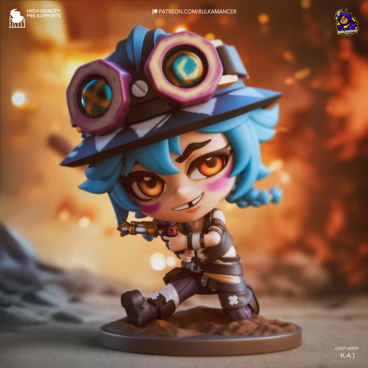 Painted Isha from Arcane resin Chibi figure kneels with goggles and weapon on a rocky base.