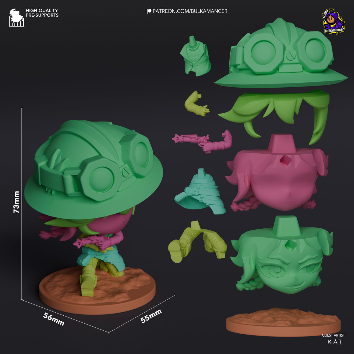 Isha from Arcane resin Chibi figure is shown unpainted in a front pose with parts separated beside a sculpted base for scale.
