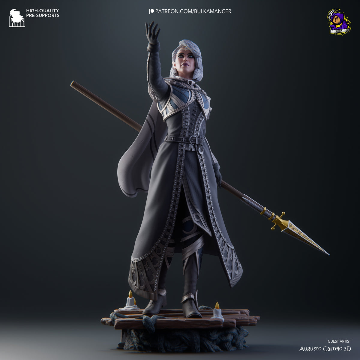 Low-angle Isobel from Baldur's Gate is a painted resin figure with raised arm, staff, sword, and sculpted base.
