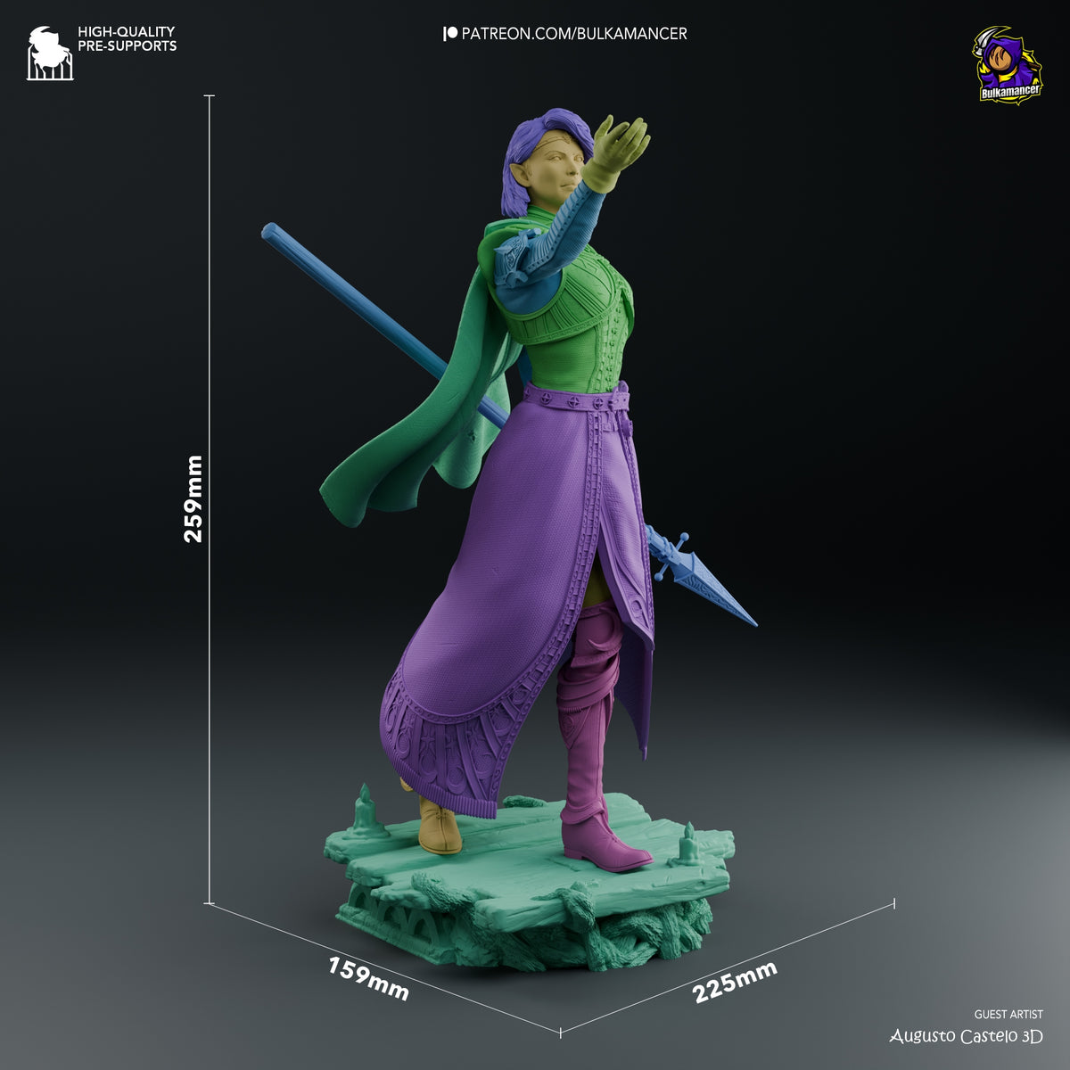 Isobel from Baldur's Gate resin figure stands posed on a sculpted base, shown unpainted at scale.