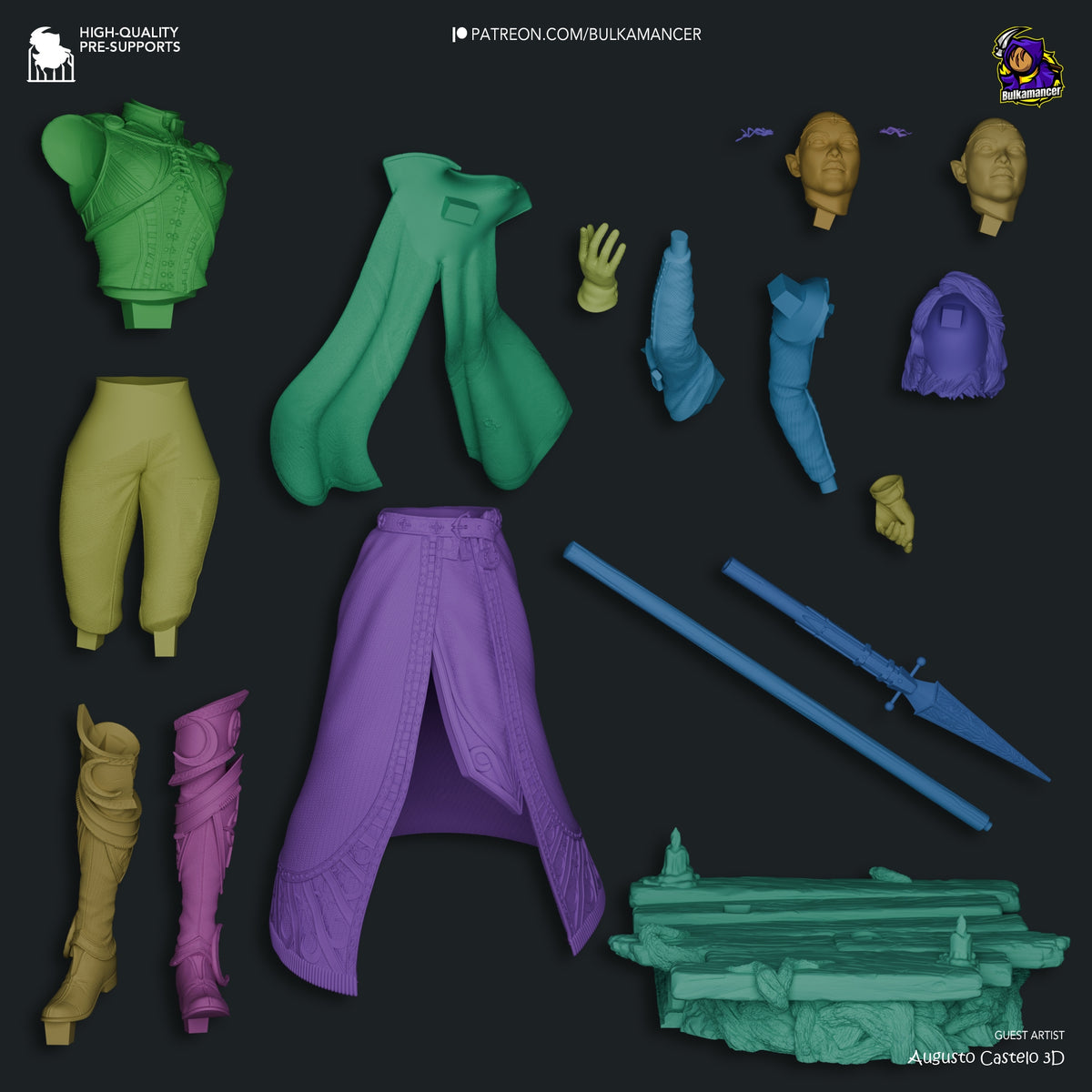 Unpainted Isobel from Baldur's Gate resin figure parts and sculpted base are arranged flat.