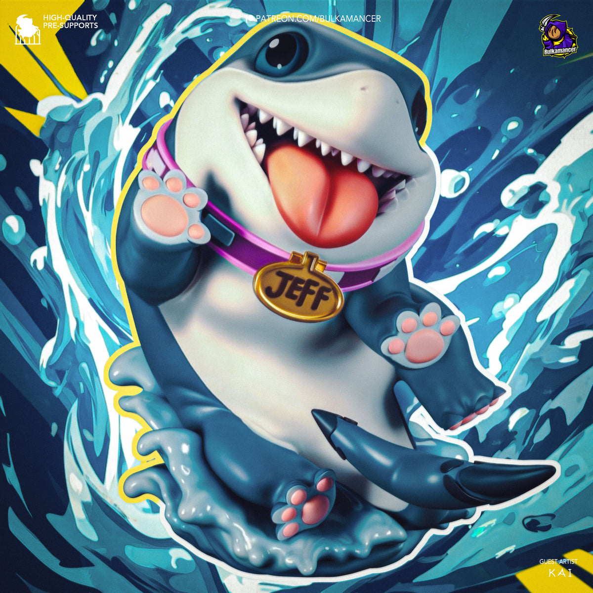 Chibi shark character with wide grin and purple collar displaying "JEFF" medallion, dynamic water splash pose, painted resin Chibi figure from Super Rivals by Bulkamancer.