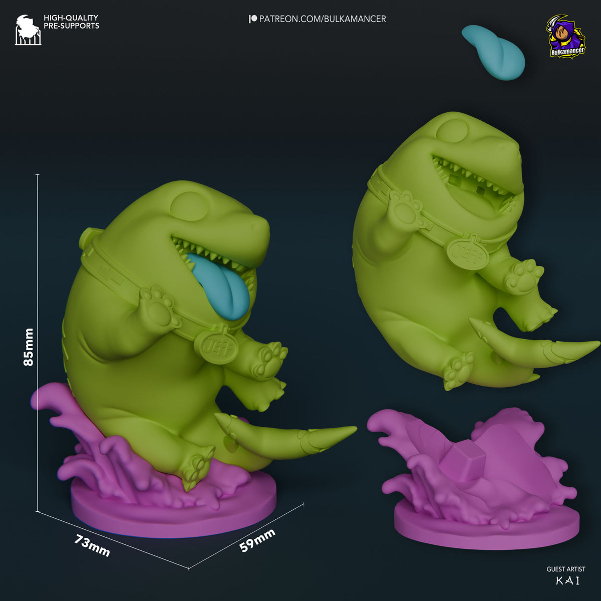 Lime green resin Chibi shark figure at 85mm scale shown from front angle with blue tongue detail, pink base, displayed alongside size reference base.