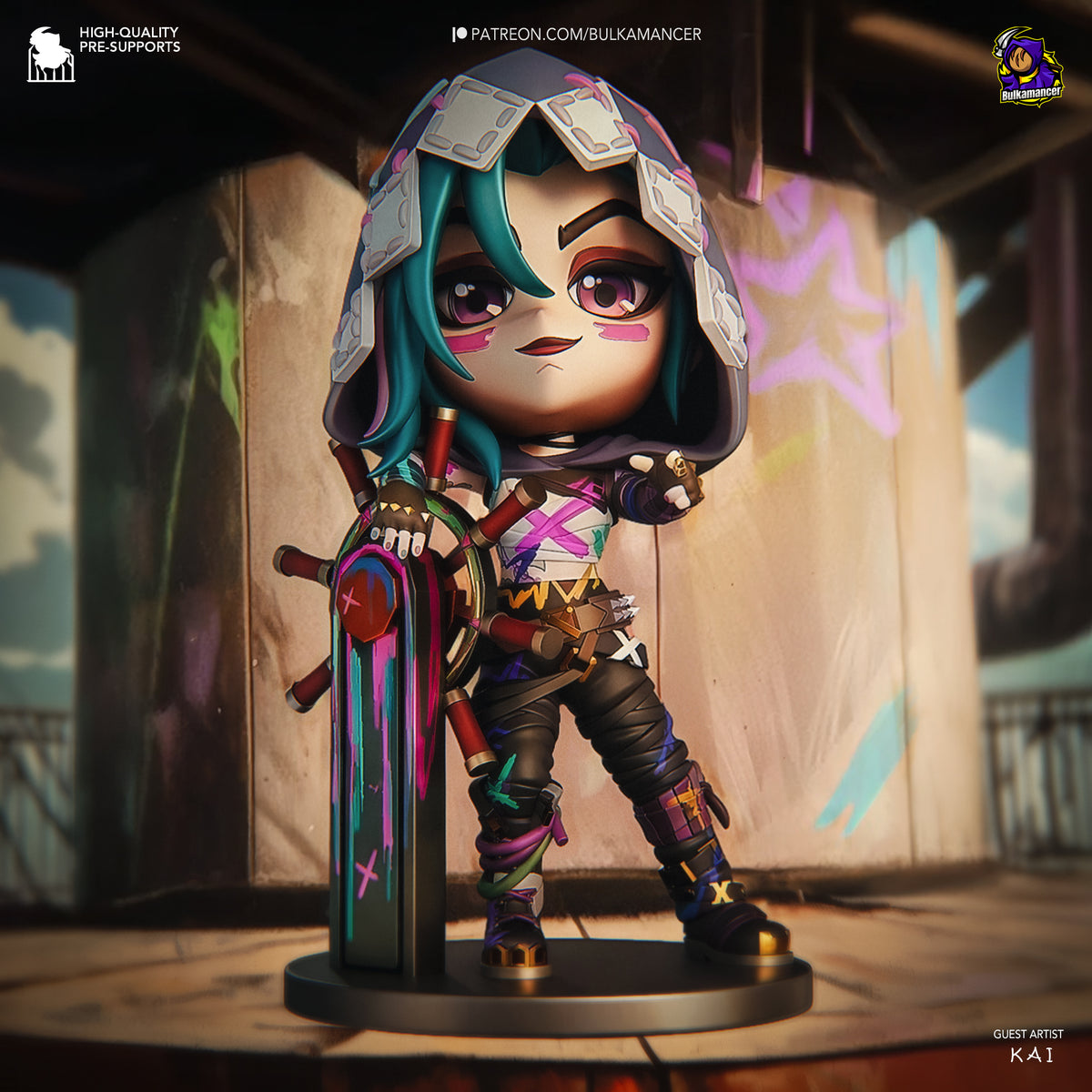 Jinx resin Chibi figure from Arcane posed frontally on black base, teal hair with white headpiece, holding minigun, vibrant pink and multicolor painted details, studio lighting.