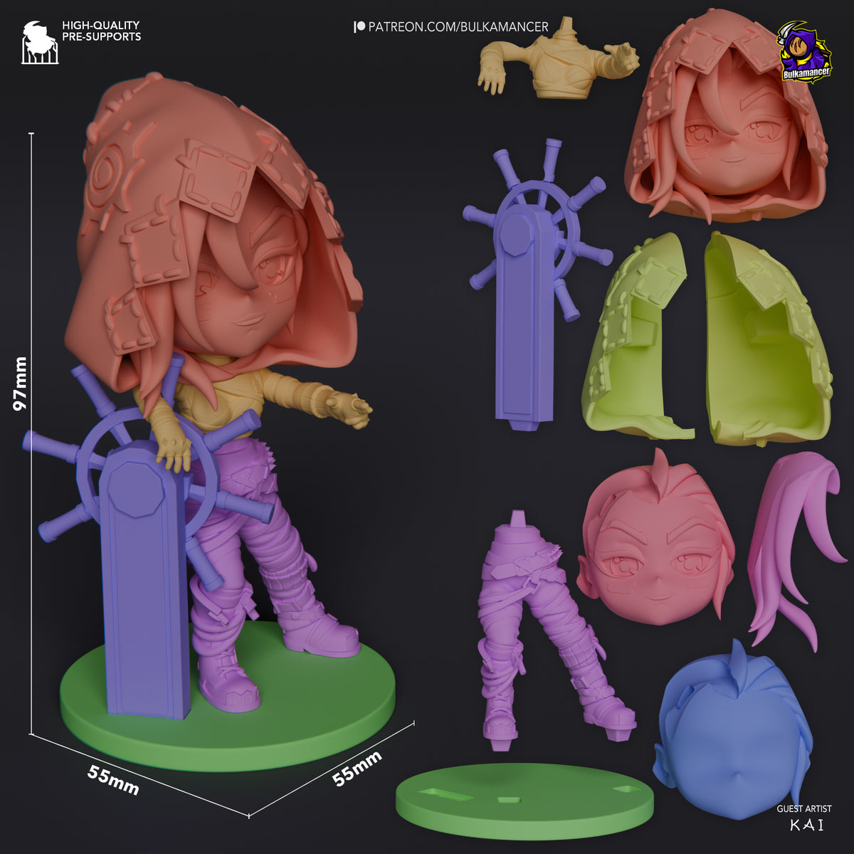 Jinx Arcane resin Chibi figure at 97mm scale, shown assembled on green base with interchangeable unpainted parts displayed separately.