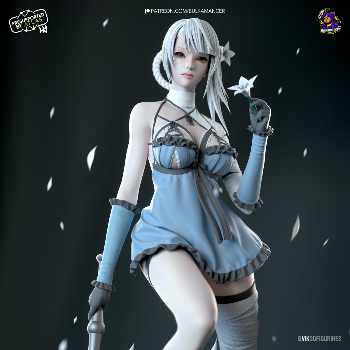 Painted Kainé resin figure from NieR: Automata poses with a flower and staff.