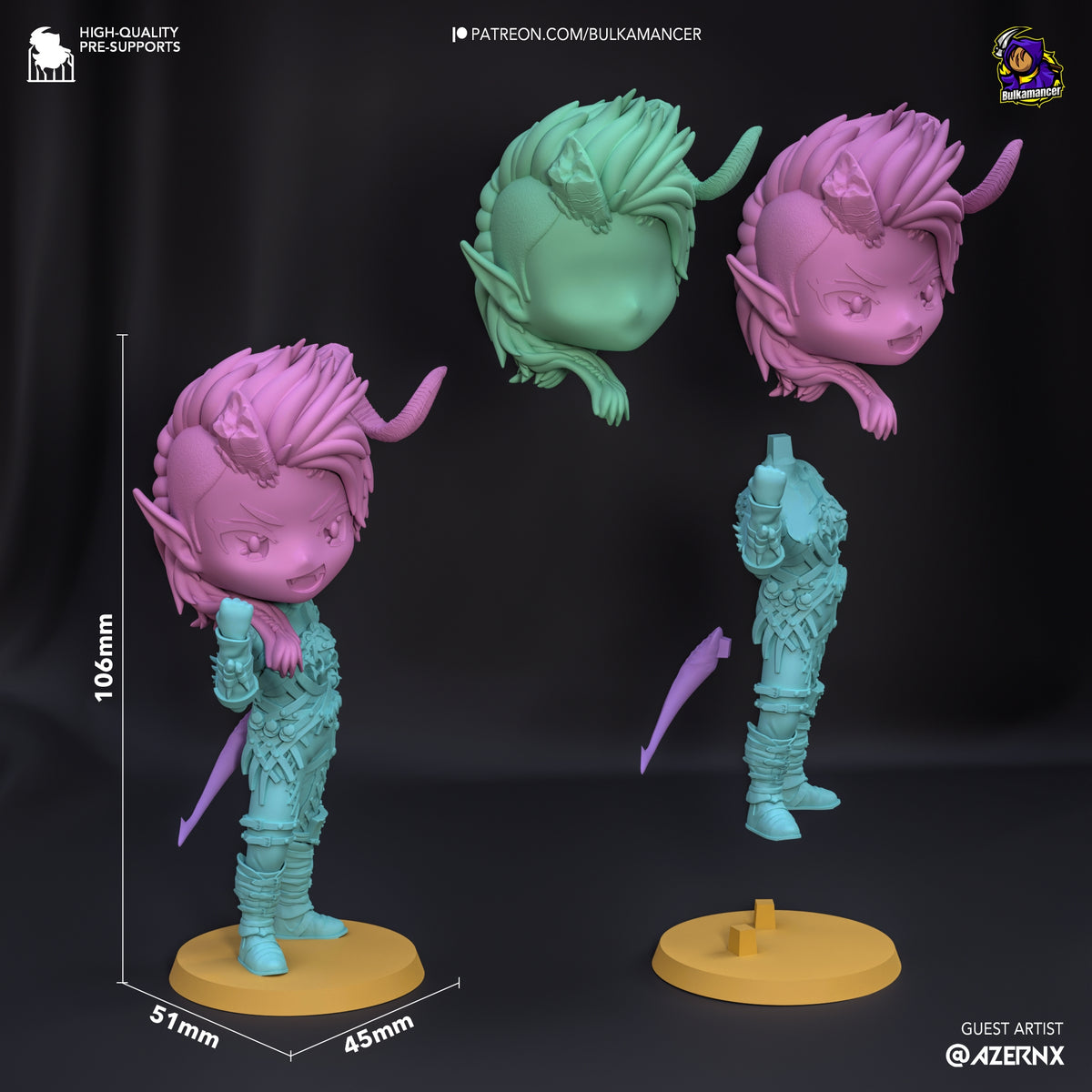 Karlach resin Chibi figure parts display showing unpainted green and cyan armor pieces, pink head sculpts in multiple angles, and purple weapon, with scale reference of 106mm height.