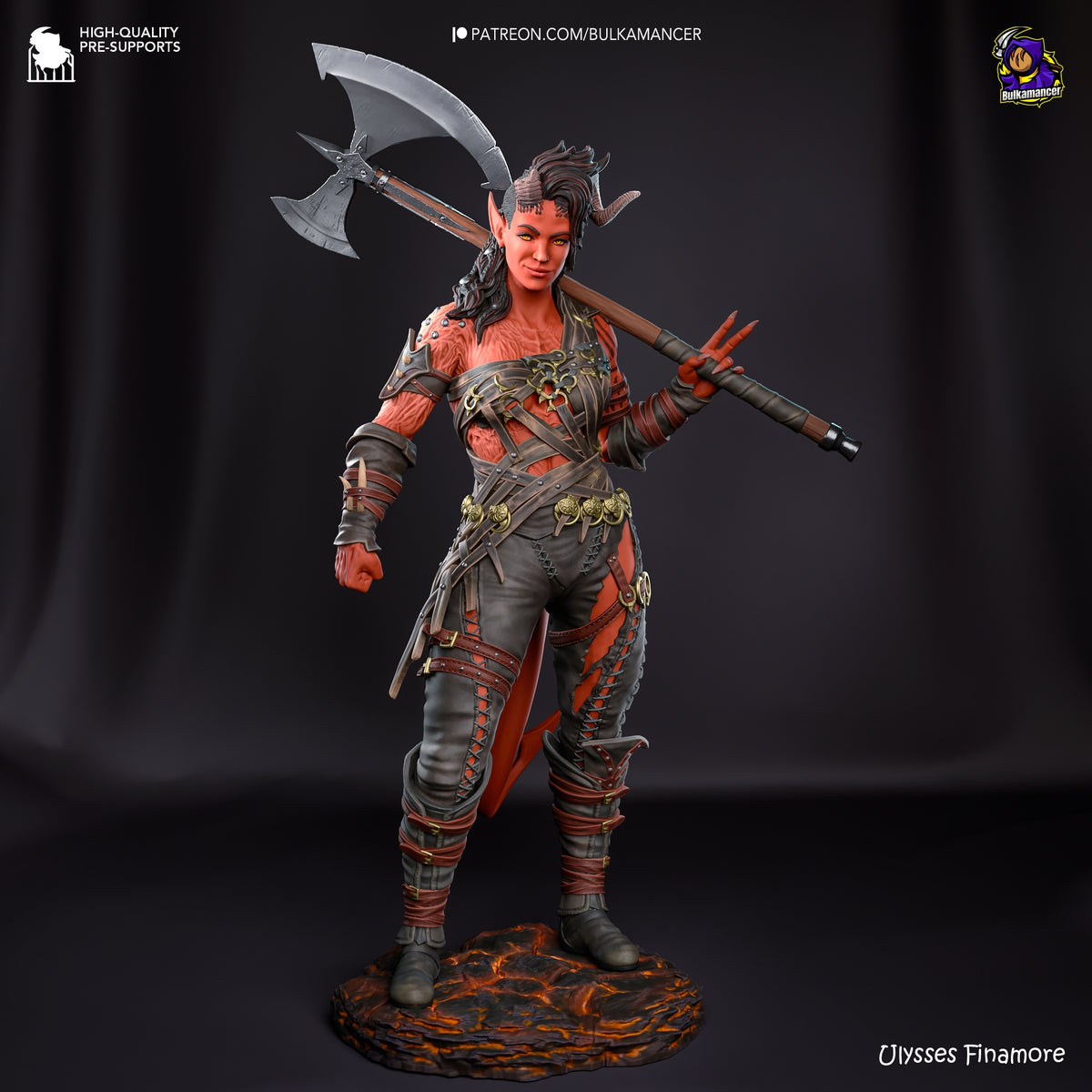 Painted resin figure of Karlach from Baldur's Gate stands with an axe on a lava-rock base.