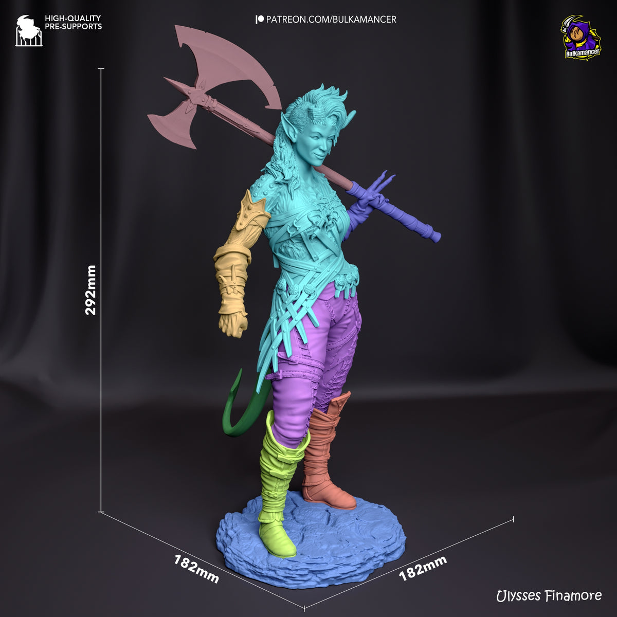 Karlach from Baldur's Gate is an angled unpainted resin figure with axe, tail, and sculpted base.