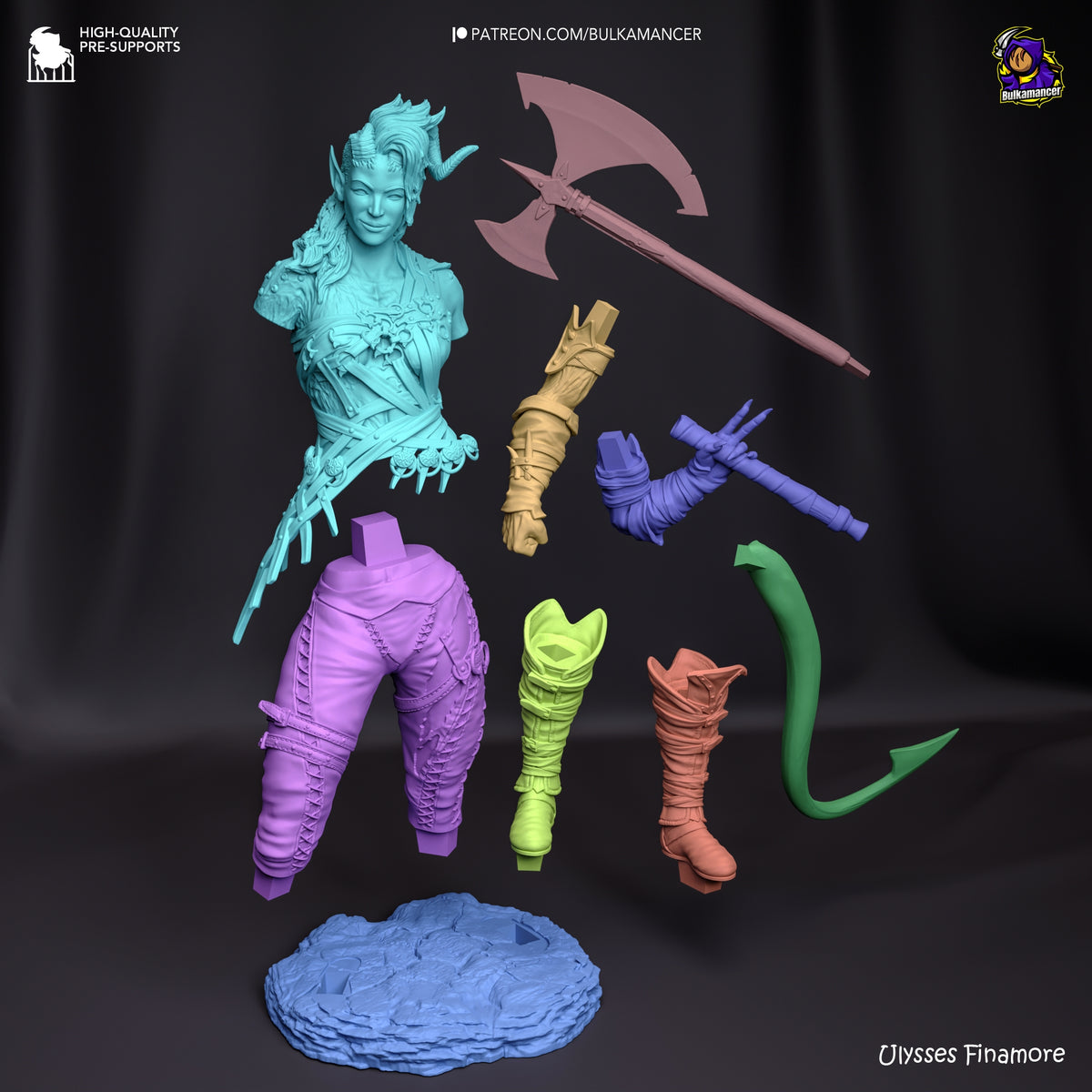 Karlach from Baldur's Gate resin figure shows unpainted separated parts, weapons, and rocky base.