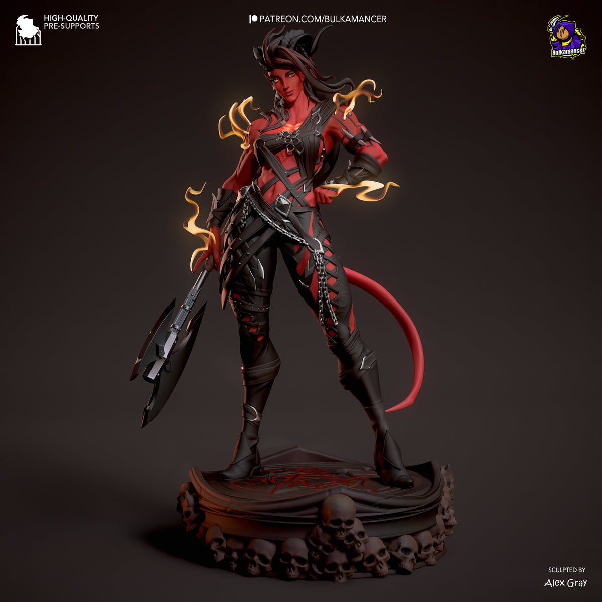Karlach resin figure in dynamic pose holding infernal greataxe and pistol, red skin with golden flame effects, detailed base with skulls, sculpted by Alex Gray.