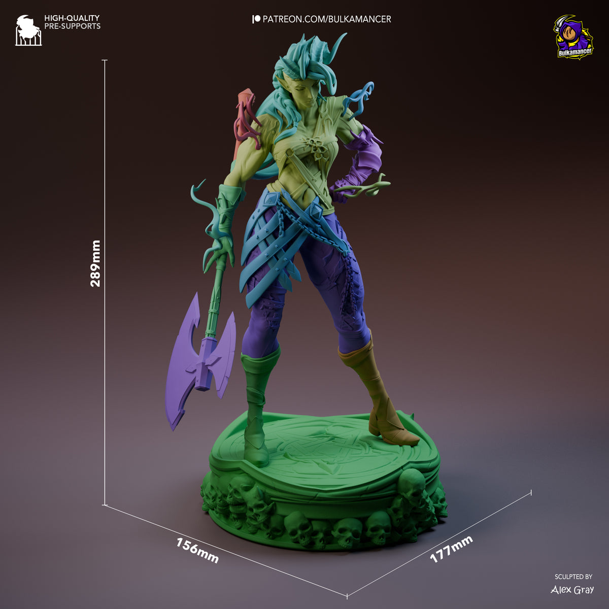 Karlach resin figure from Baldur's Gate shown at 289mm height with scale dimensions, painted in green, purple, and blue tones, holding weapons on ornate skull-decorated base.
