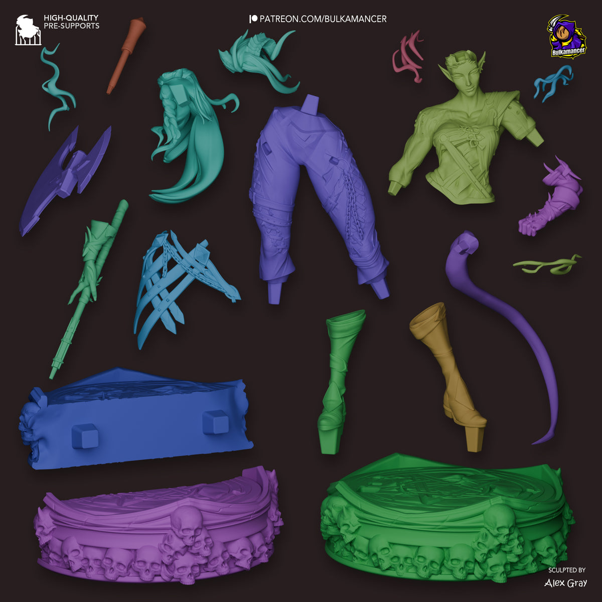 Karlach resin figure parts laid out against dark background, including torso, limbs, weapons, tentacles, and decorative bases in green, purple, blue, and yellow.