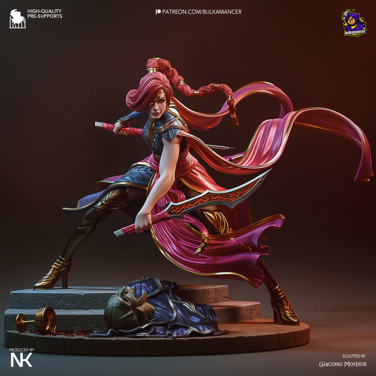 Katarina resin figure from League of Legends lunges with twin daggers on a sculpted stair base.