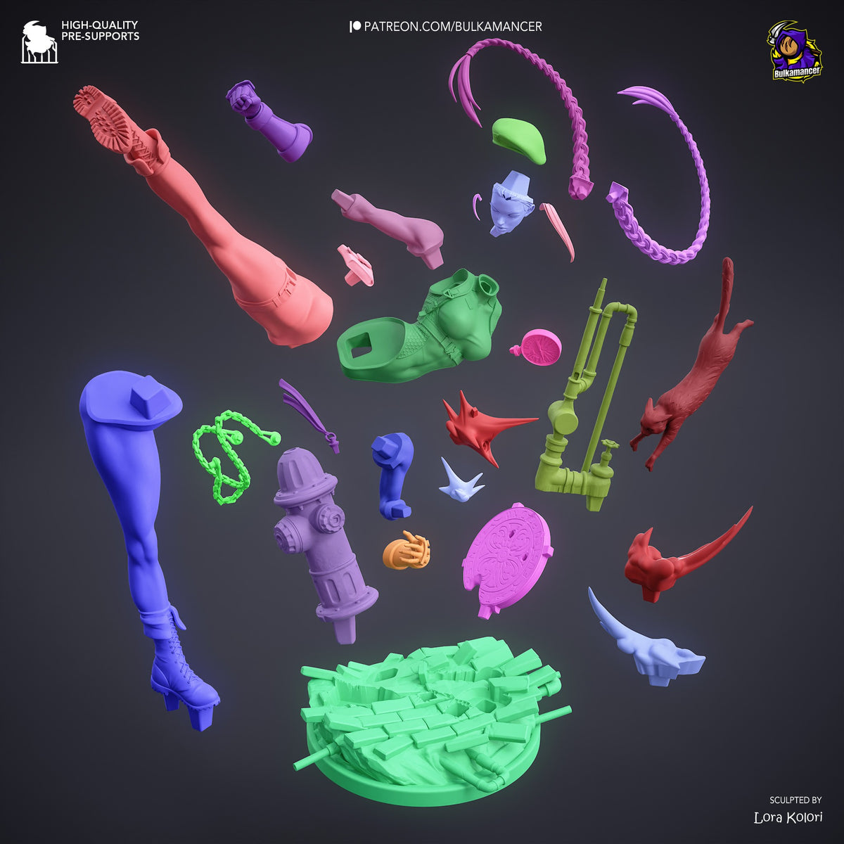 Colorful 3D printed resin figure parts for Cammy from Street Fighter, including limbs, accessories, and small components arranged on dark background.