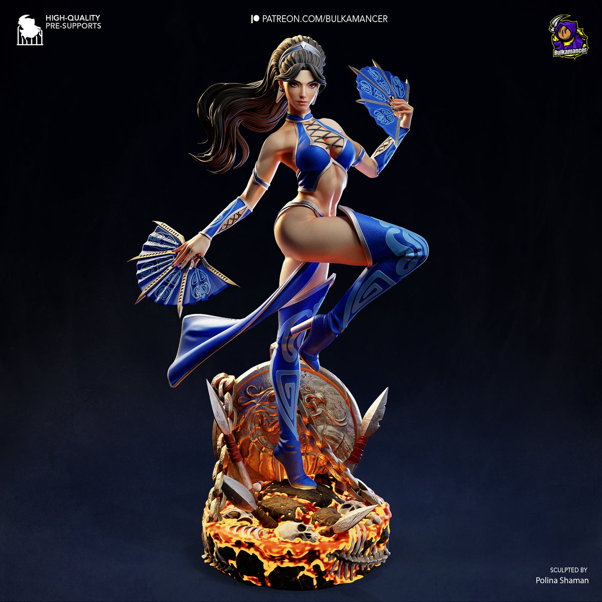 Painted Kitana from Mortal Kombat poses with open fans on a sculpted fiery base as a resin figure.