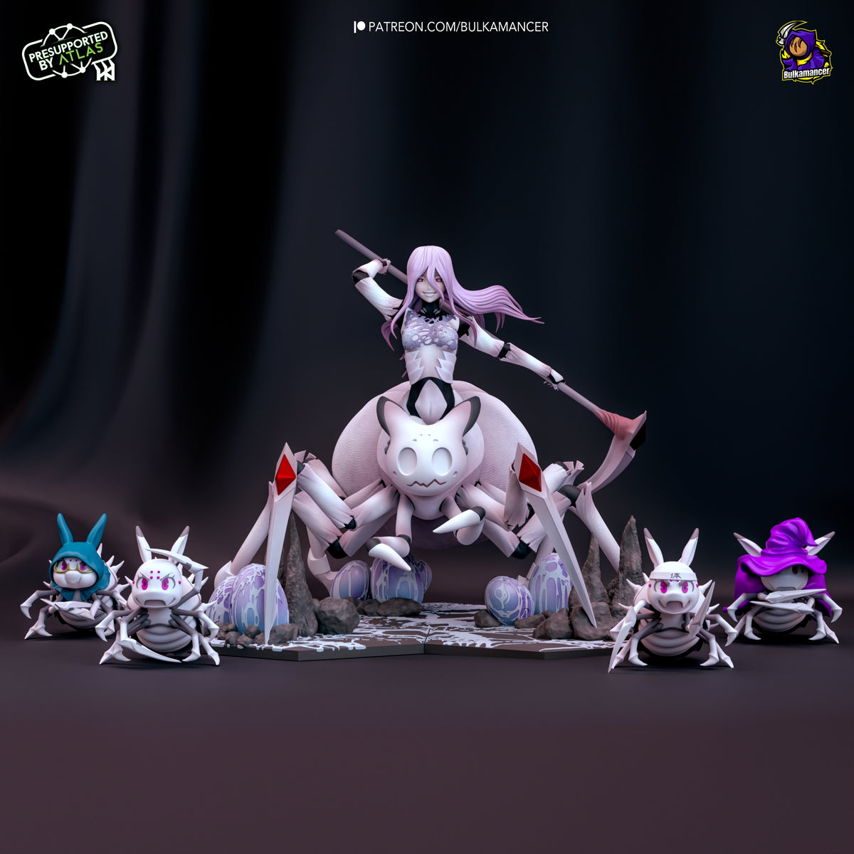 Painted Kumoko and her Children resin figure from So I'm a Spider, So What? faces forward with children on a rocky base.