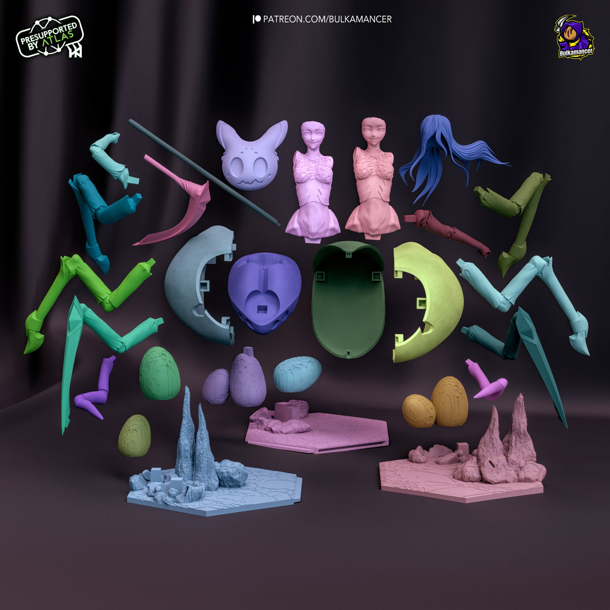 Unpainted resin figure parts for Kumoko and her Children from So I'm a Spider, So What? are arranged with three sculpted ?