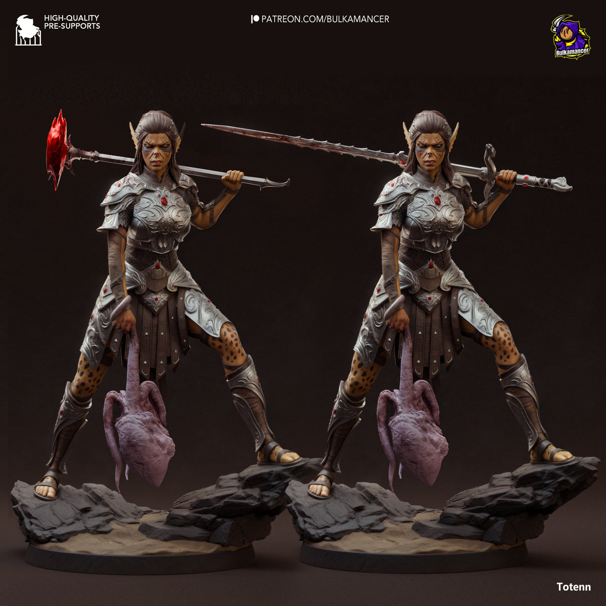 Lae'zel resin figure from Baldur's Gate 3, shown in two posed variants with ornate armor, holding polearm and axe on rocky bases.