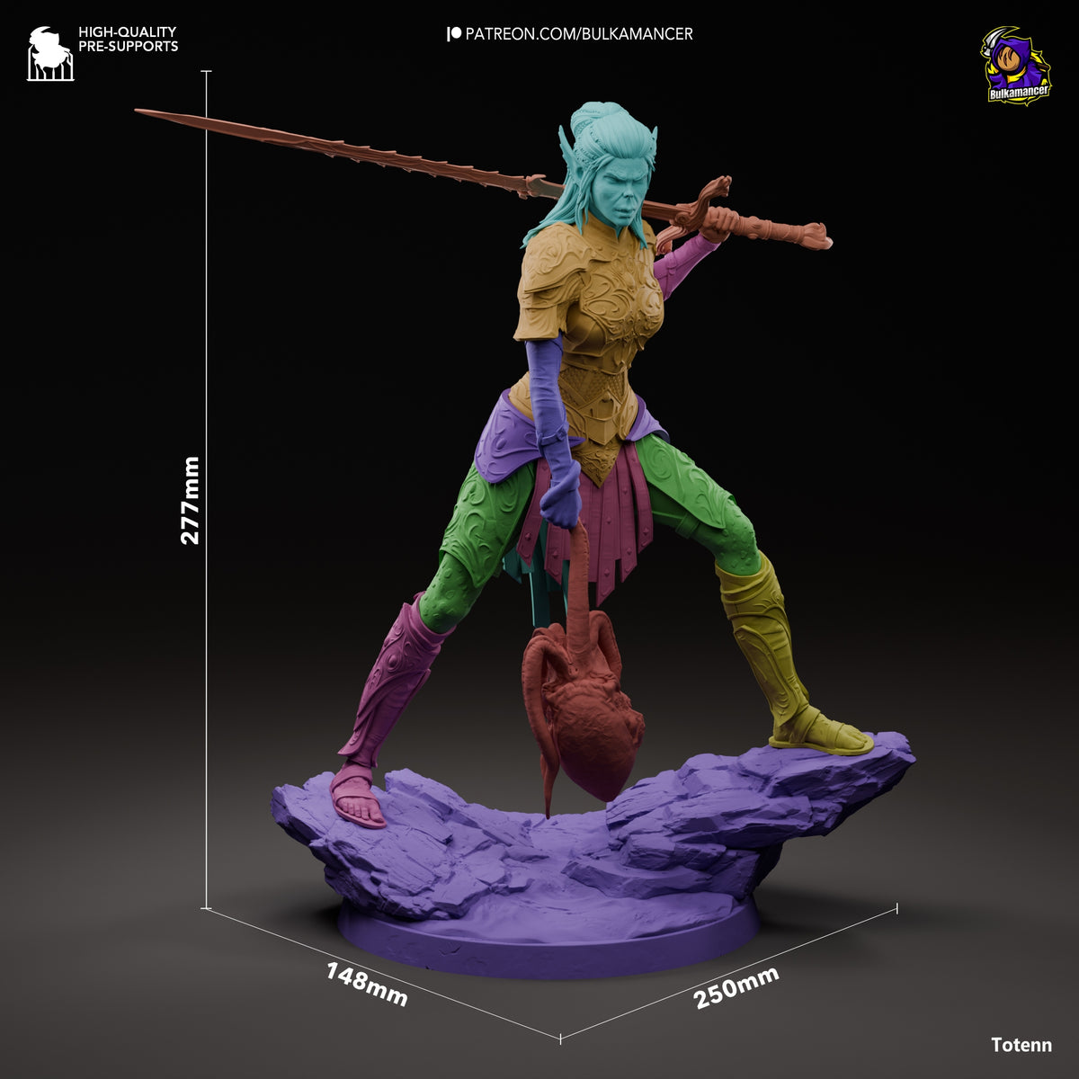 Lae'zel resin figure from Baldur's Gate 3, shown at 277mm height in dynamic pose with staff and heart prop on purple rocky base, vibrant multicolor paint.