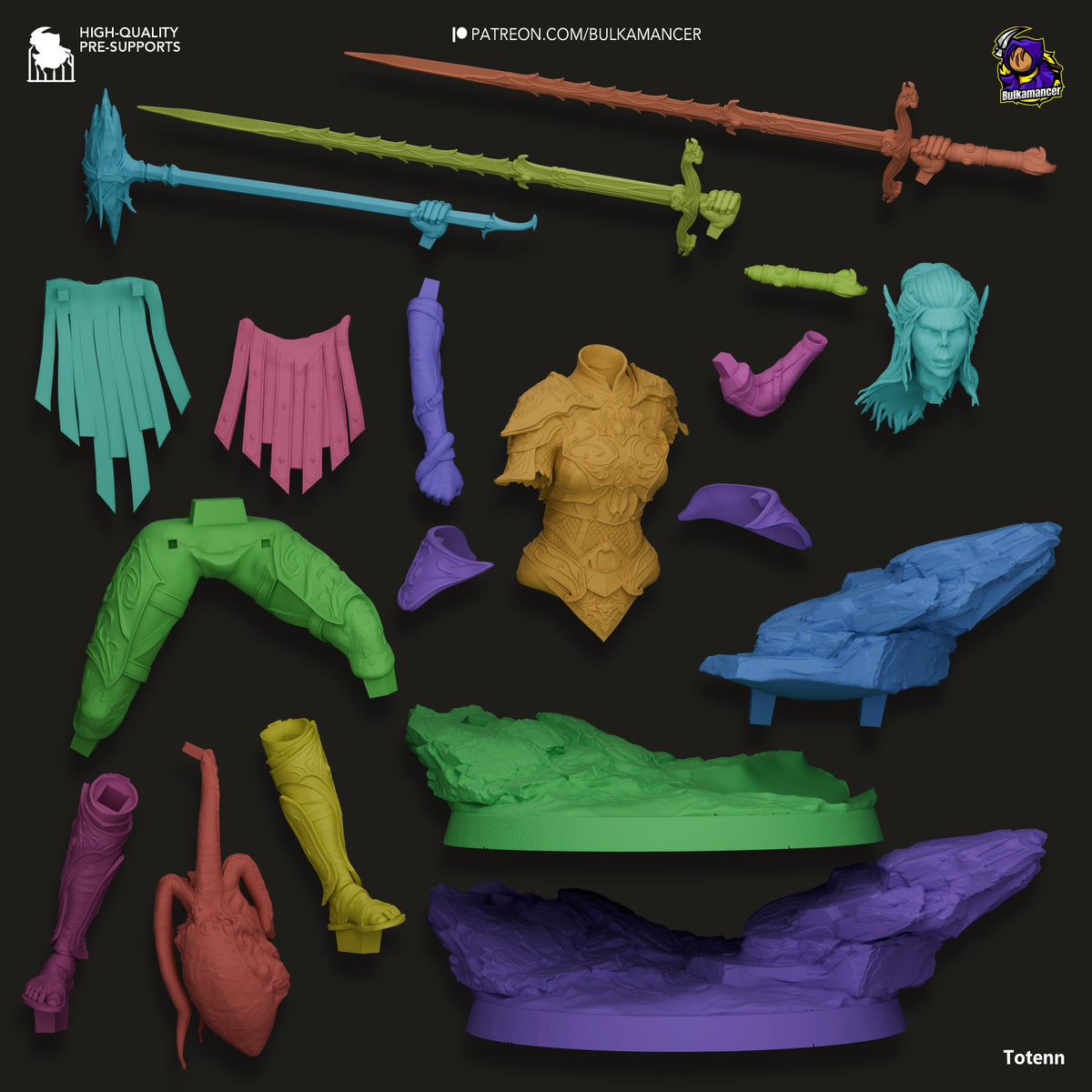 Unpainted and painted resin figure parts for Lae'zel from Baldur's Gate displayed on black background, including weapons, armor pieces, limbs, head, and textured base elements.