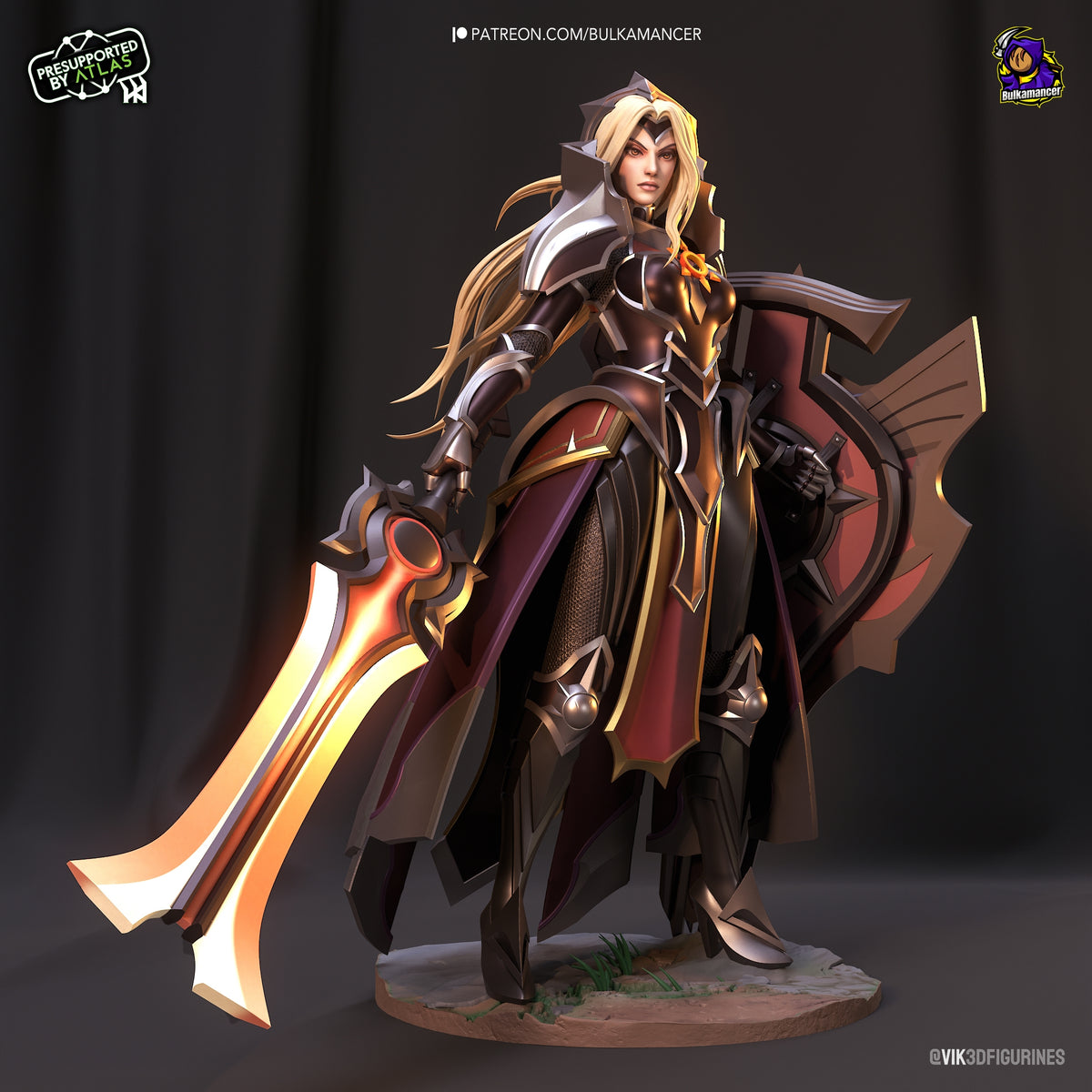 Leona from League of Legends stands armored with sword and shield on a painted terrain base; resin figure.