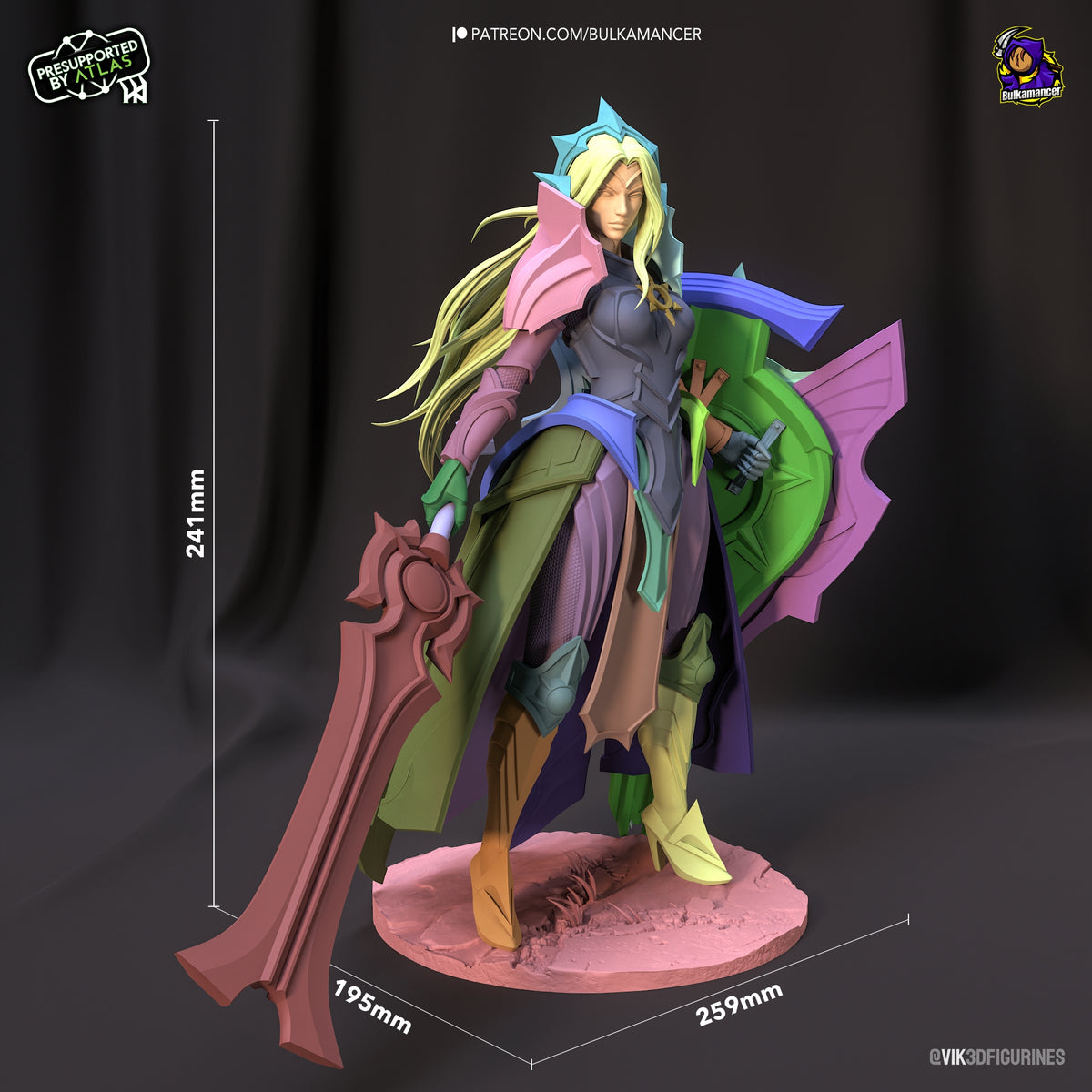Leona from League of Legends stands in three-quarter view with sword and shield on a sculpted, painted resin figure base.