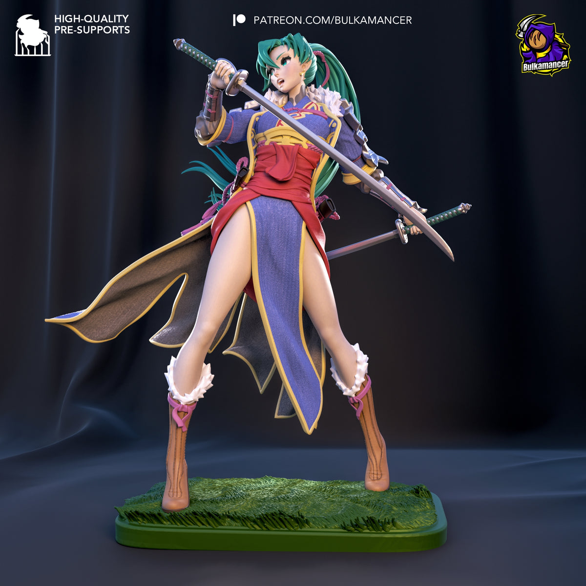 Colorful resin figure of a teal-haired swordswoman in purple and red armor, dual-wielding blades, posed dynamically on green grass base.