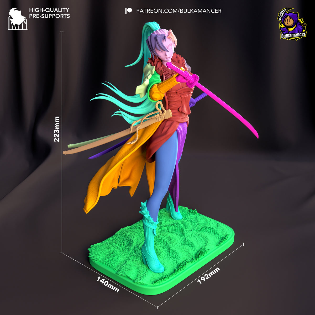 Colorful resin figure of sword-wielding heroine posed dynamically on green base, shown at 223mm height with scale dimensions for reference.