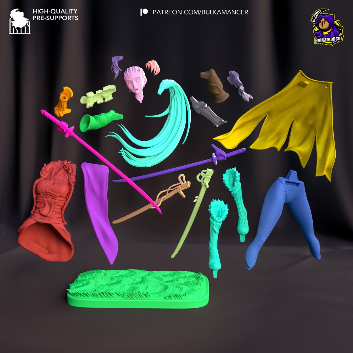 Disassembled resin figure parts for sword-wielding heroine from Fire Symbol, showing colored components including head, limbs, torso, wings, weapons, and base.