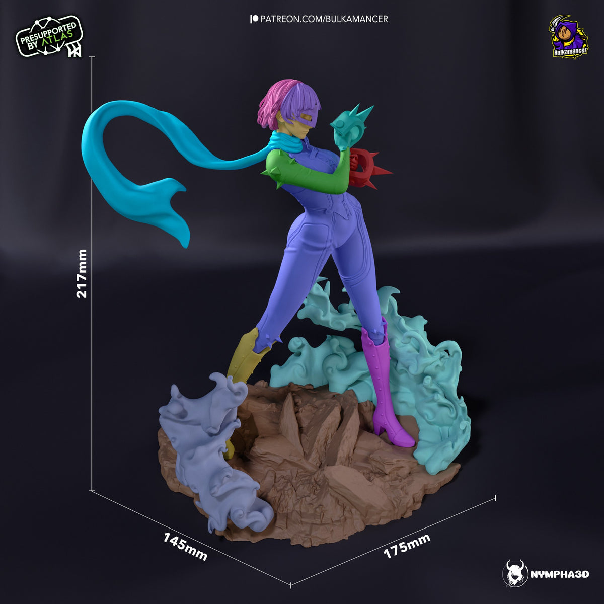 Makoto Nijima resin figure at scale, shown from front angle in purple outfit with blue hair, holding weapons, on multi-colored rocky base with dimension markers.