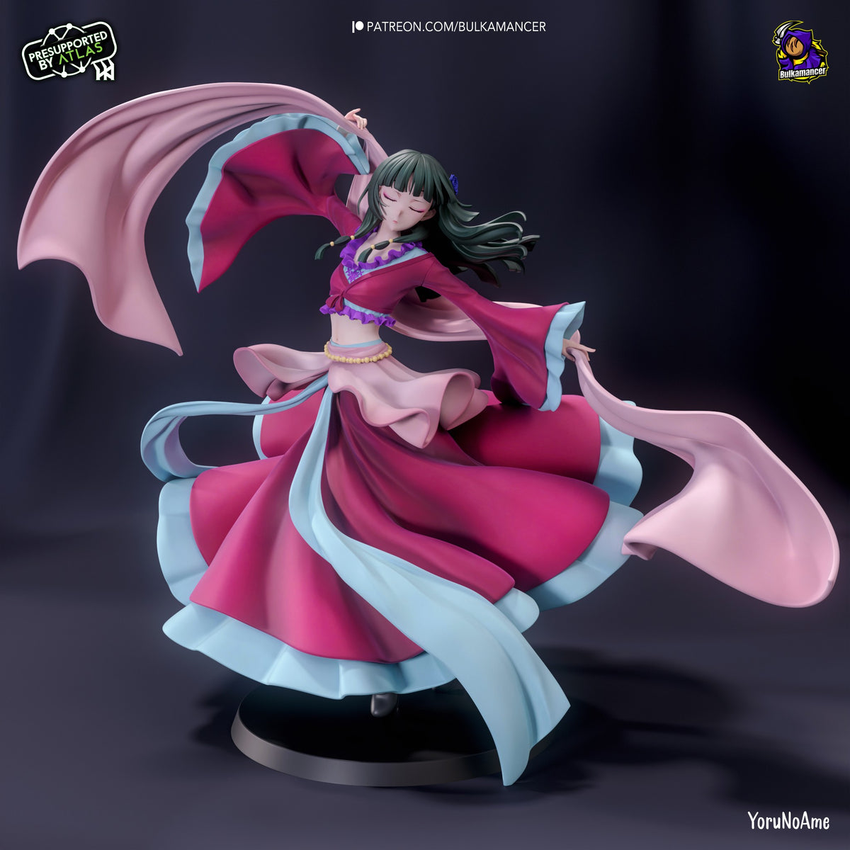 Maomao from Apothecary Diaries resin figure in dynamic spinning pose, pink and magenta robes flowing, dark hair, pearl necklace, black base, beautifully painted details.