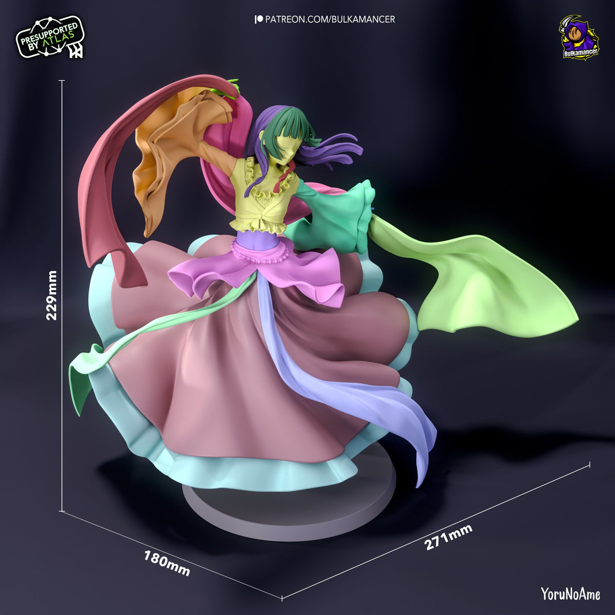 Maomao resin figure from Apothecary Diaries shown at scale (229mm height), displaying painted details, flowing fabrics, and character pose on circular base.