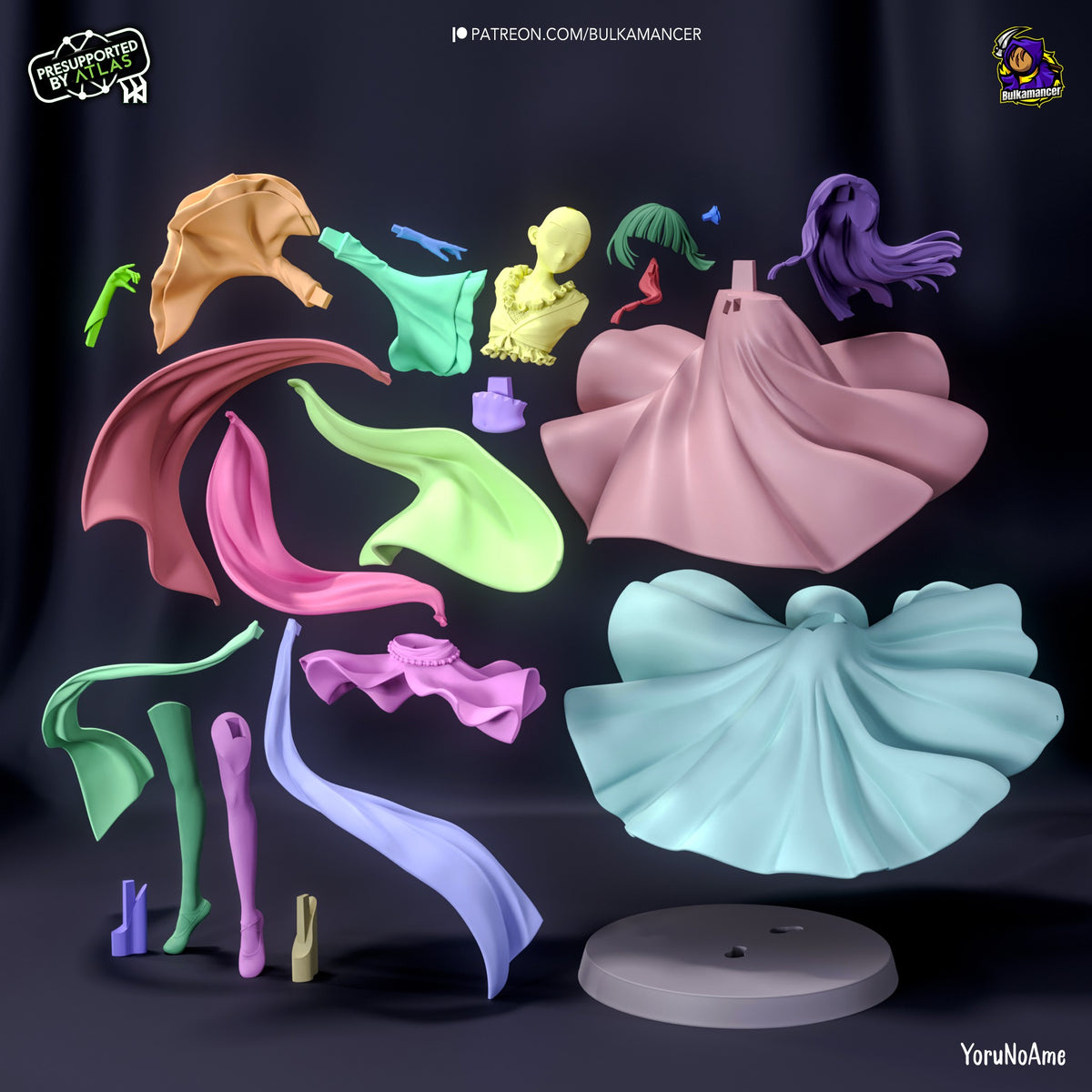 Maomao resin figure parts displayed: painted dress pieces in pink and cyan, unpainted components, accessories, and gray base for assembly.