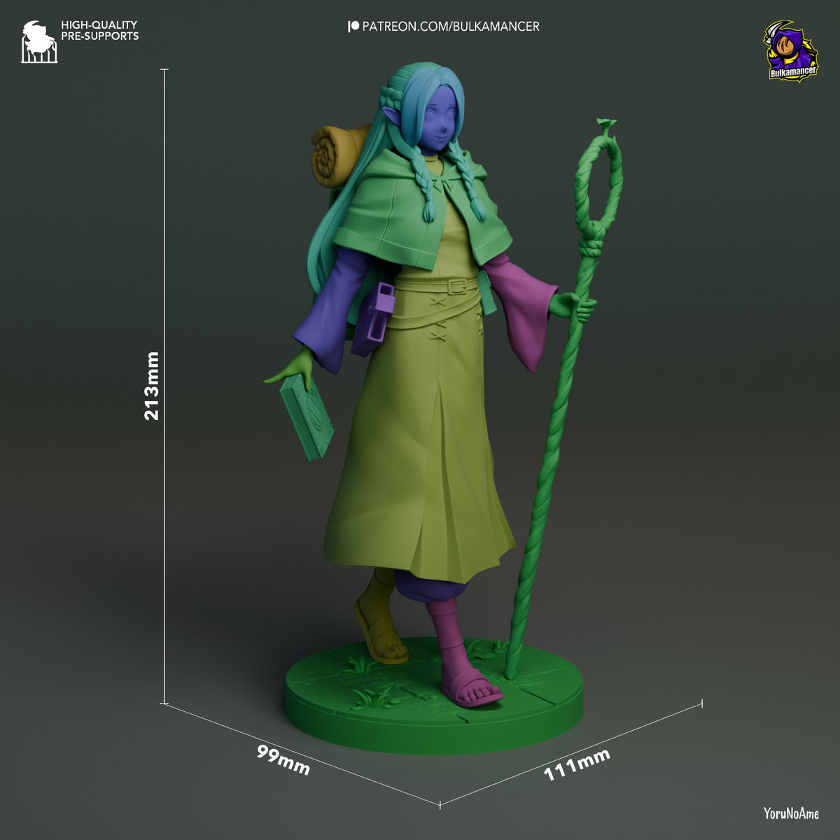 Marcille resin figure from Delicious in Dungeon shown at 213mm height with front three-quarter view, displaying painted details, staff accessory, and decorative base.