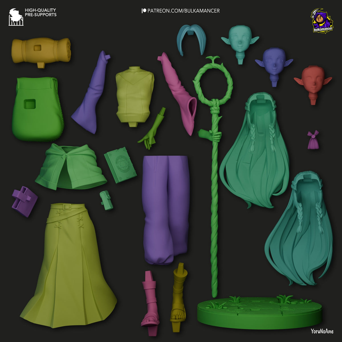 Marcille resin figure parts laid flat: three head variants, torso, limbs, skirts, staff, accessories, and base in green, purple, yellow, and pink.