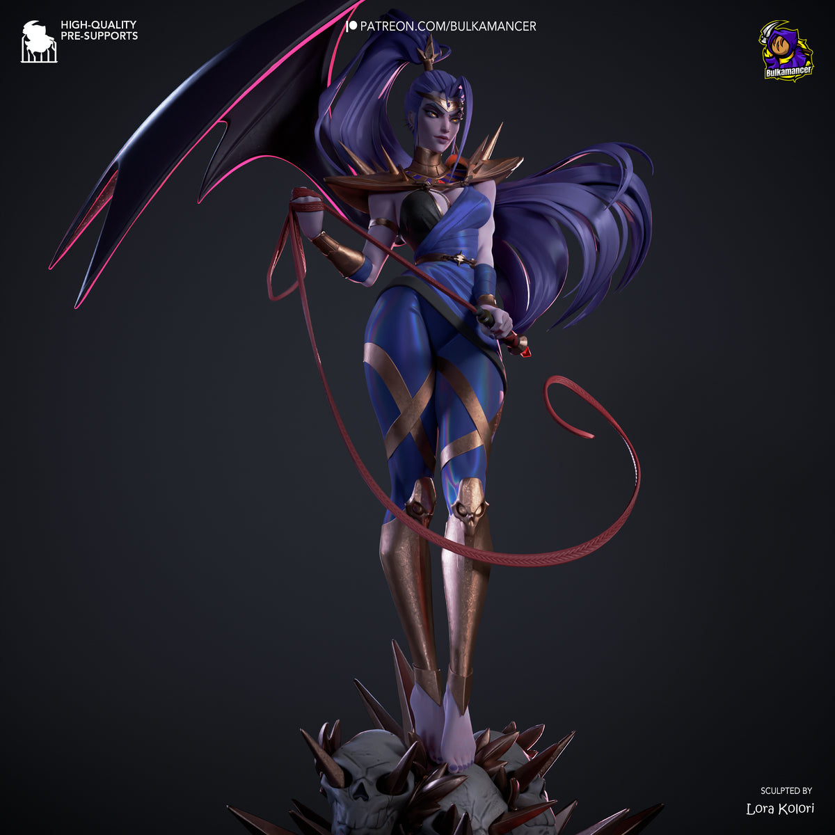 Megaera resin figure from Hades in dynamic flying pose, purple hair and blue outfit with red whip, painted details, spiked base, front three-quarter view.