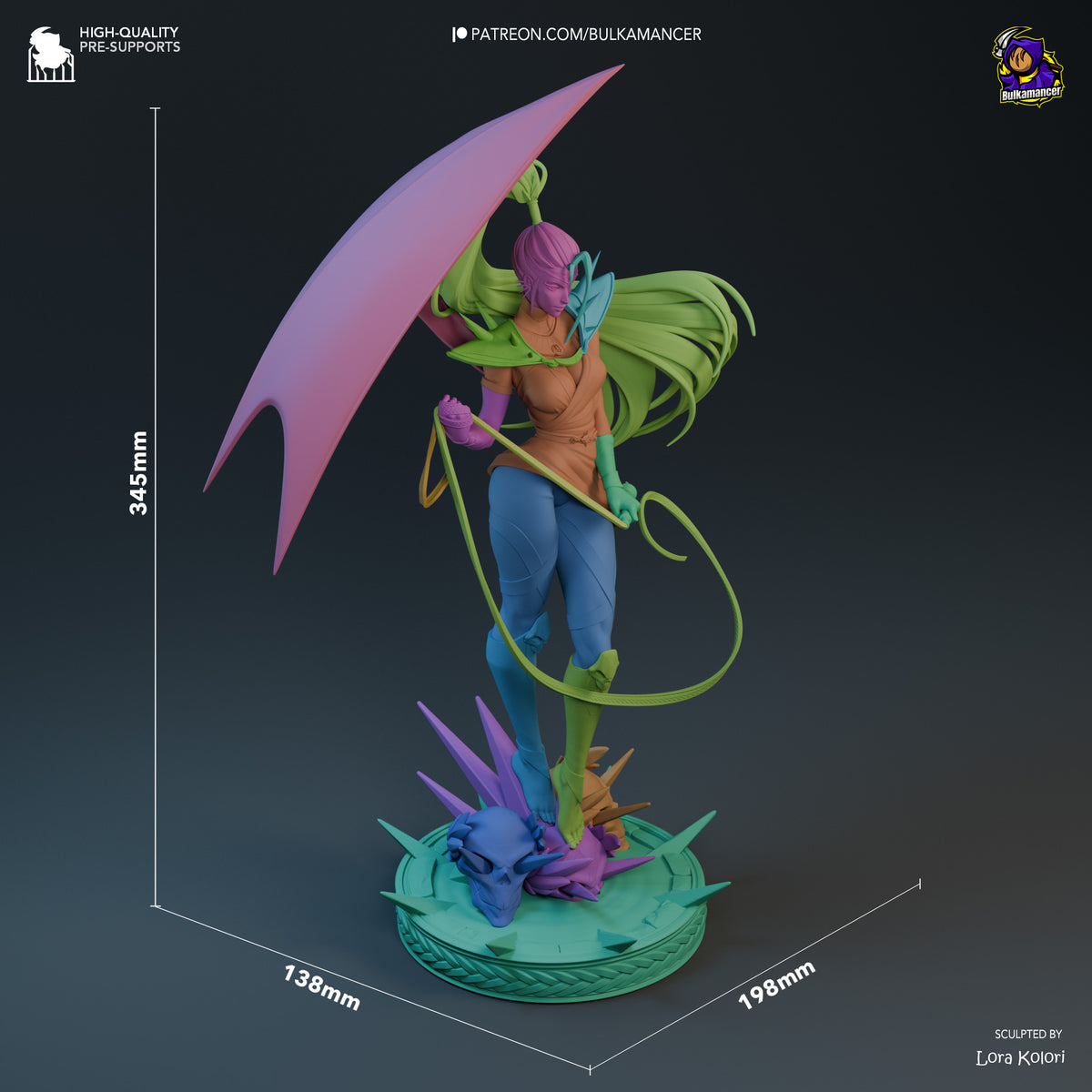 Megaera resin figure from Hades shown at scale (345mm height), displaying dynamic pose with whip and wings fully painted on decorative base.