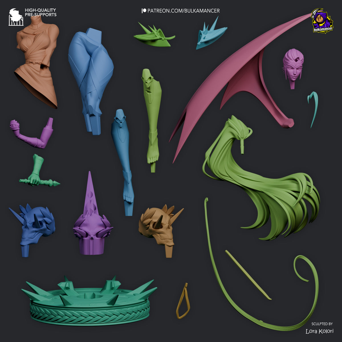 Megaera resin figure parts layout showing unpainted and painted components including torso, legs, arms, head, wings, hair, tail and base pieces.