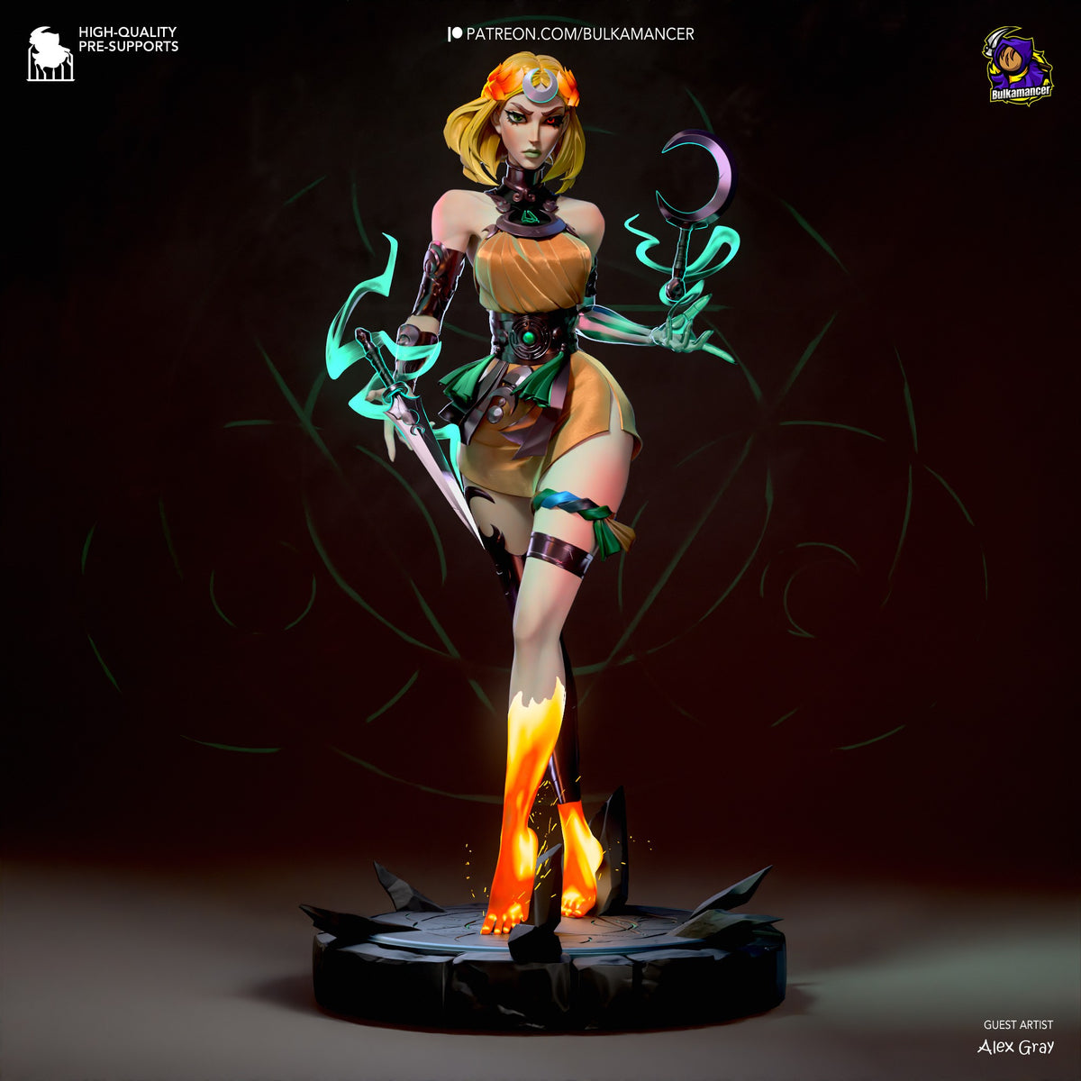 Melinoe resin figure from Hades in dynamic pose wielding glowing cyan weapons, blonde hair with orange crown, painted in orange and teal tones on flame-effect base.