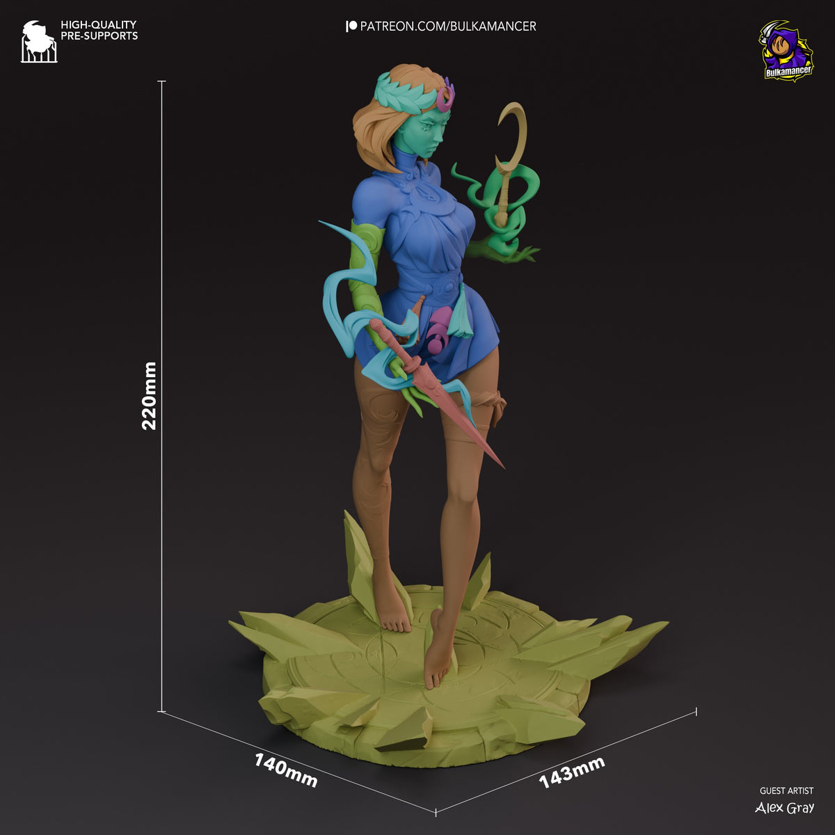 Melinoe resin figure from Hades displayed at 220mm height, showing front-left angle with painted blue outfit, turquoise skin, serpent staff, and yellow leaf base.