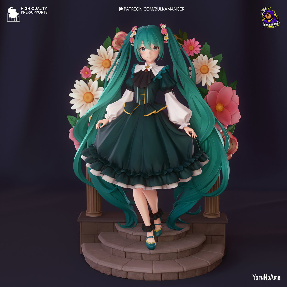 Hatsune Miku resin figure in teal dress with long hair, standing on floral base with white and pink flowers, painted details throughout, front-facing beauty shot.