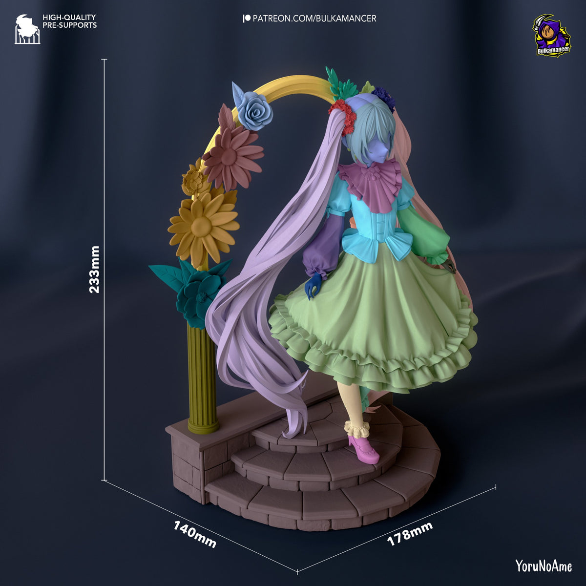 Hatsune Miku resin figure shown at 233mm height with colorful dress, long hair, flower arch, and detailed base from multiple angles.