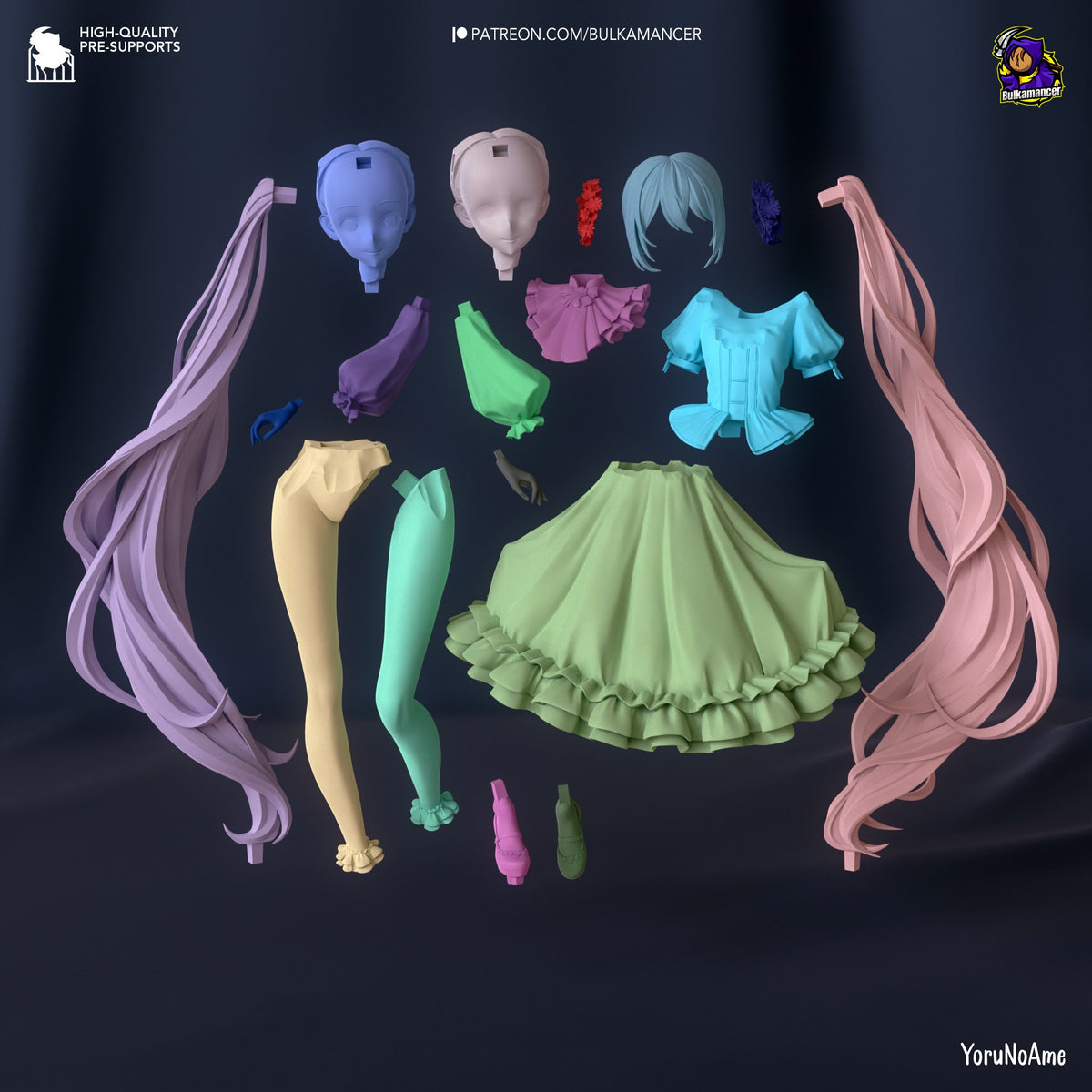 Hatsune Miku 3D printed resin figure parts laid out: two hair pieces, two head sculpts, torso, skirt, legs, shoes, accessories, and clothing components in various colors.
