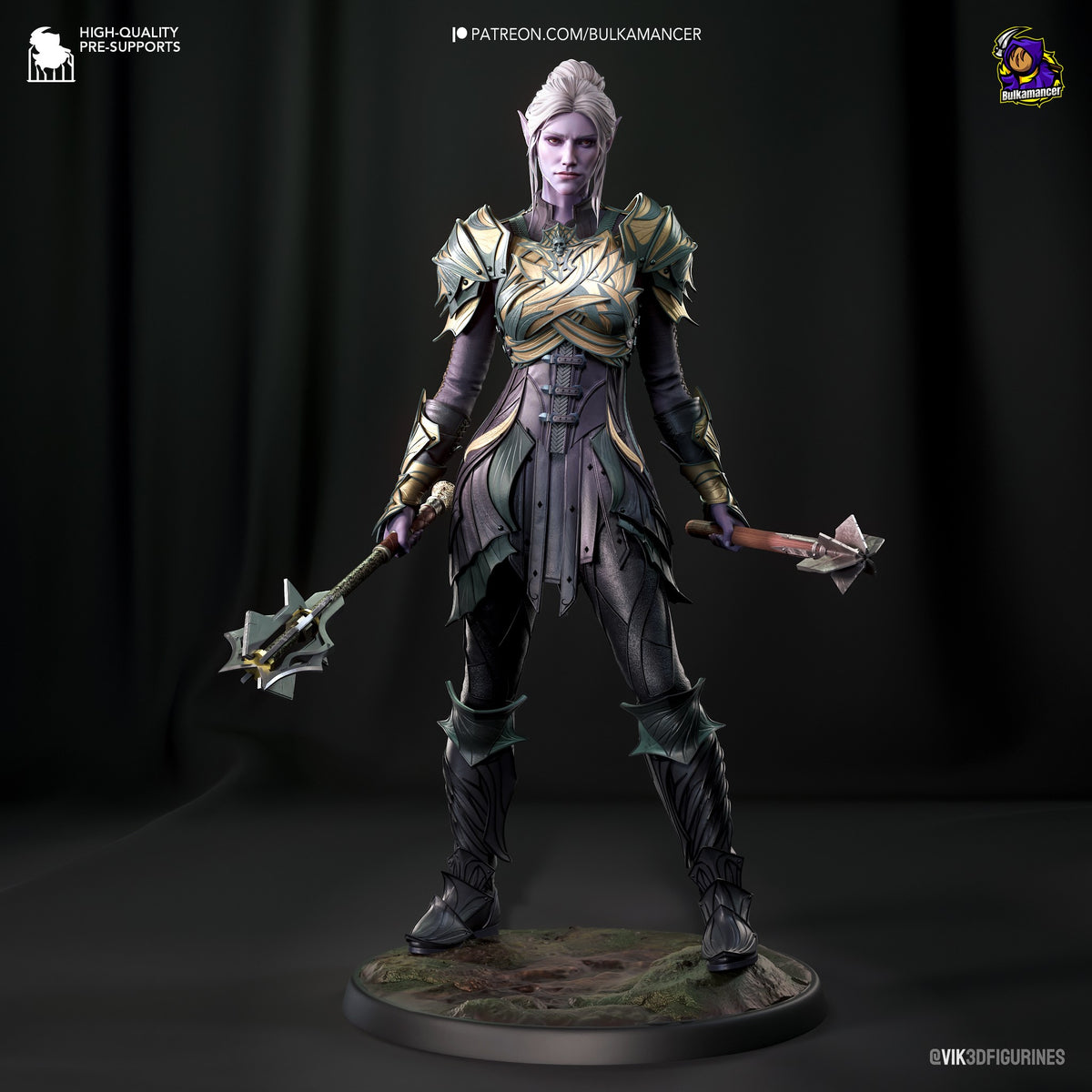 Minthara 3D resin figure in dynamic wide stance, wielding dual ornate axes, gold and purple armor, white hair, on textured base.