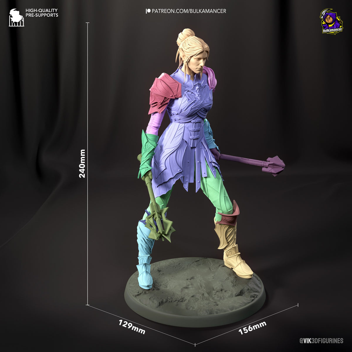 Minthara resin figure from Baldur's Gate shown at 240mm height with scale reference, painted in purple, pink, green and tan armor, holding staff, standing on textured base.