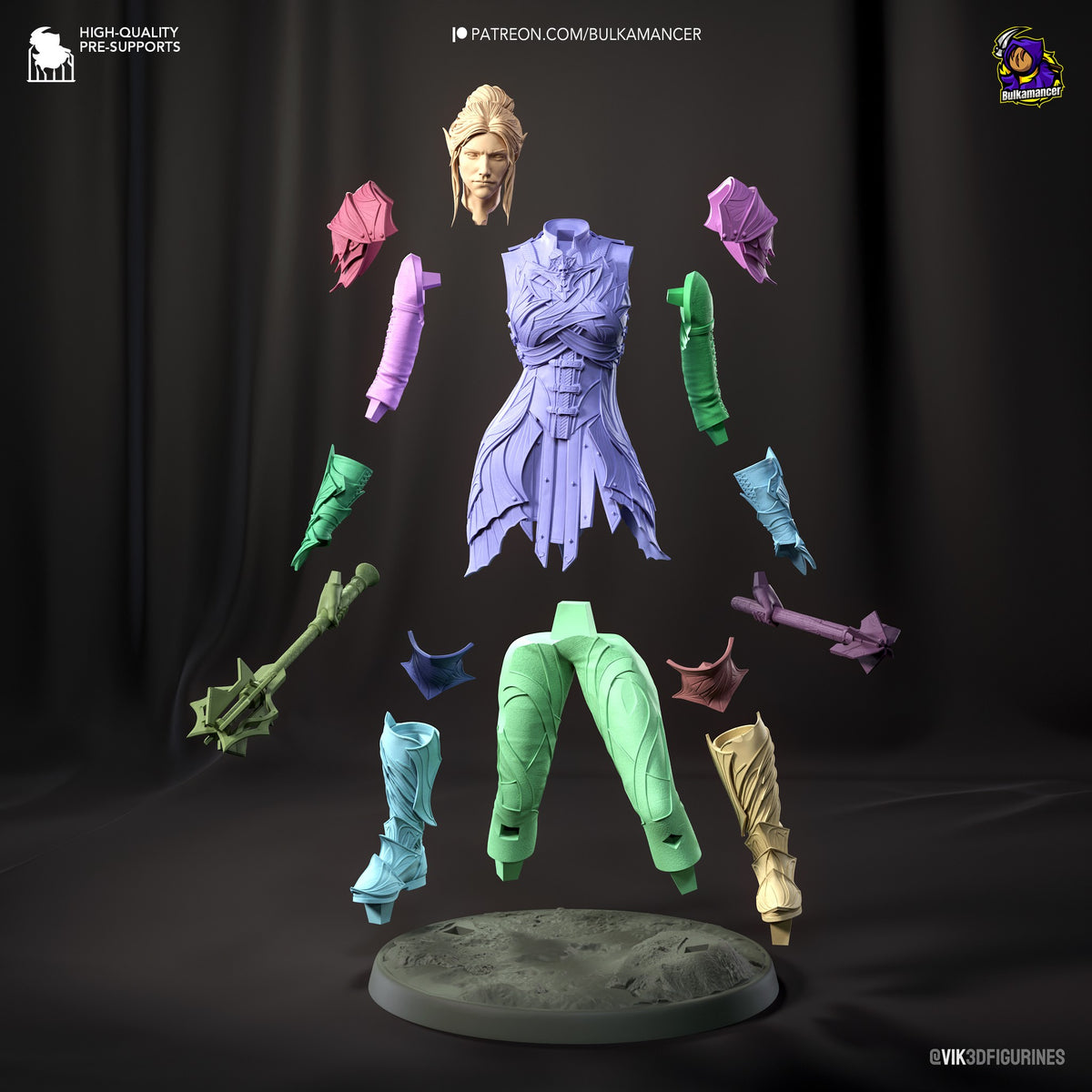 Minthara resin figure parts display showing unpainted components including limbs, torso, head, and colored accessories arranged around assembled torso on gray base.