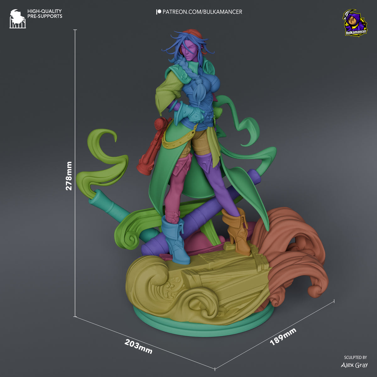 Miss Fortune resin figure at 278mm height, shown at three-quarter angle on decorative base, fully painted in vibrant colors with dynamic pose and flowing tentacle details.